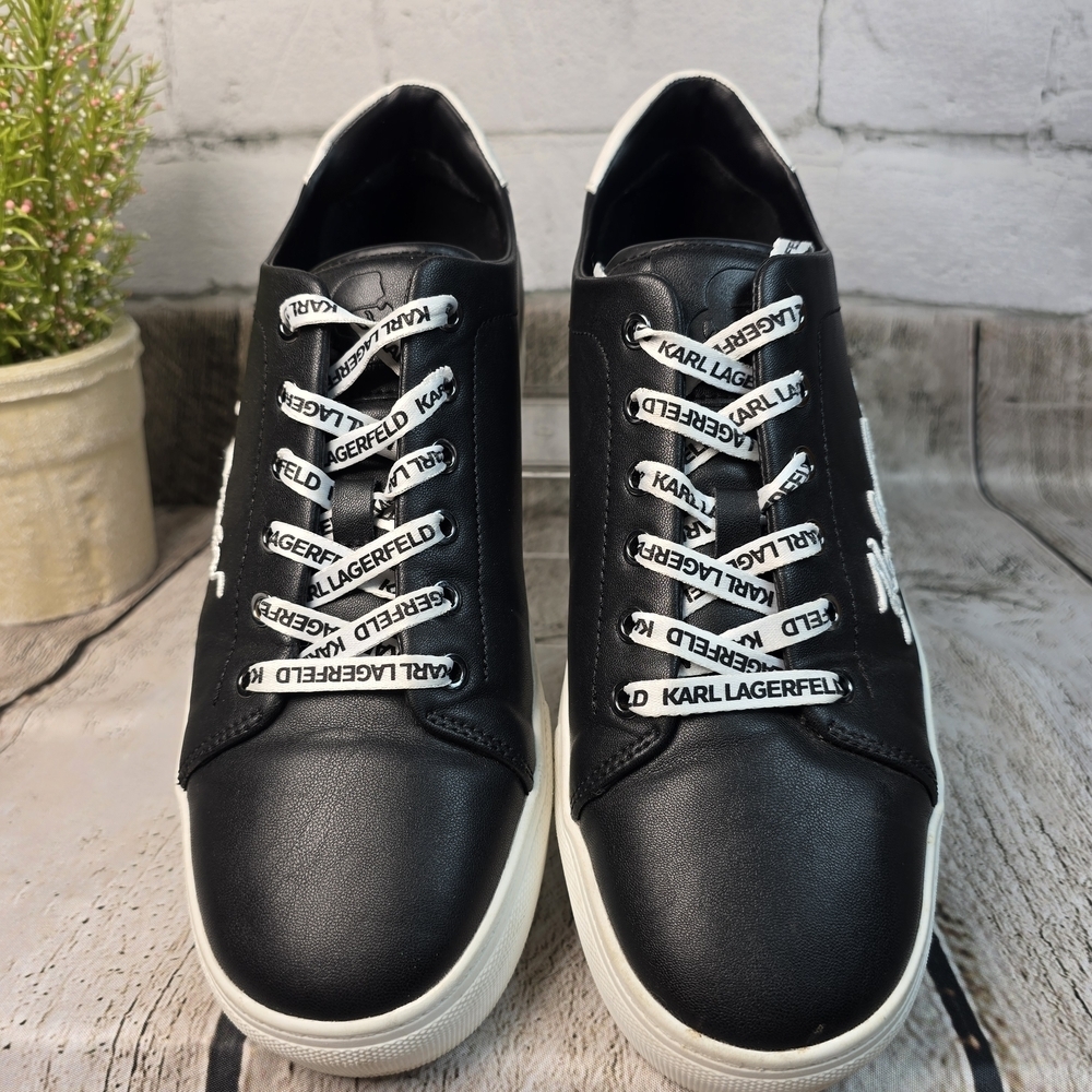 Karl Lagerfeld CYLIE LOW TOP SNEAKER FAUX BLACK LEATHER BOLD LOGO WOMENS 9.5 - Picture 5 of 12